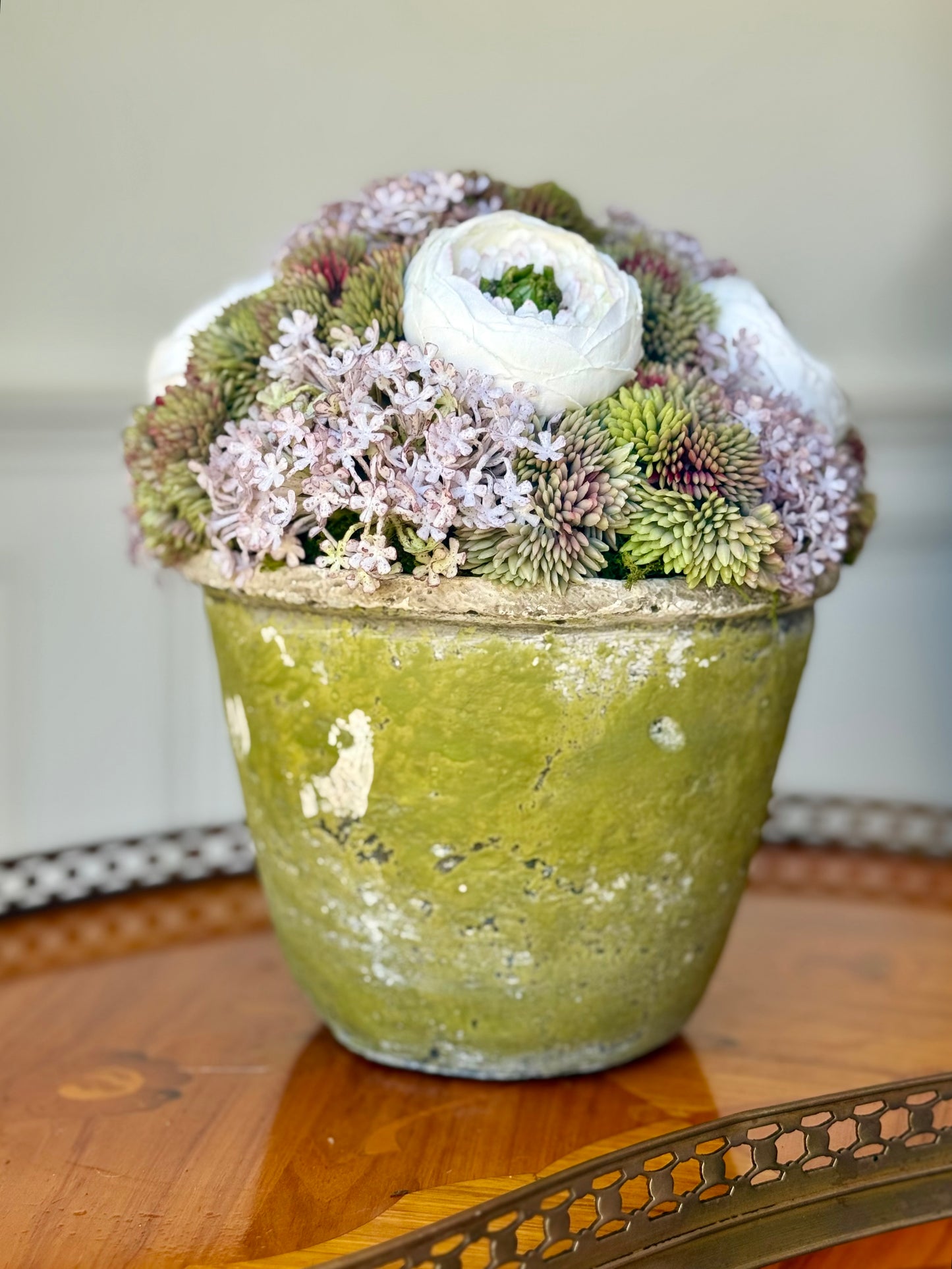 Green Terra Cotta Pot + Faux Sedum & White Ranunculus