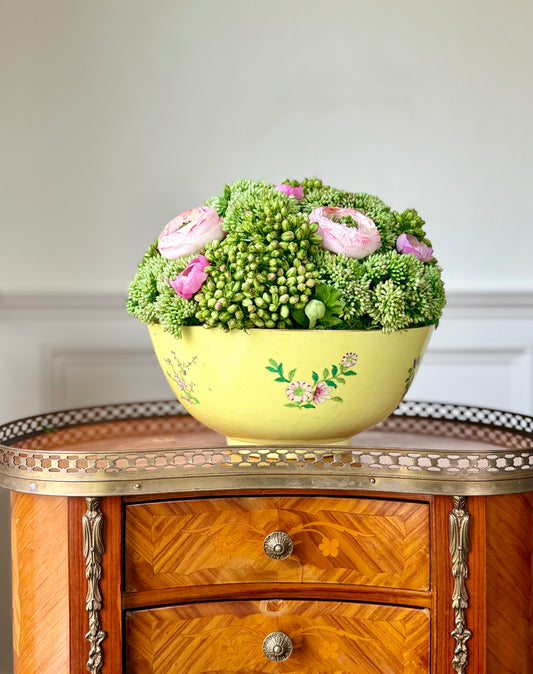10" Vintage Asian Yellow Pink Floral + Faux Sedum & Pink Ranunculus #1
