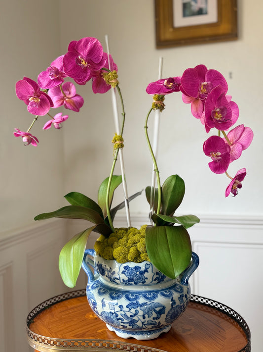 Vintage Blue & White Planter + Two Fine Faux Fuchsia Orchids #23