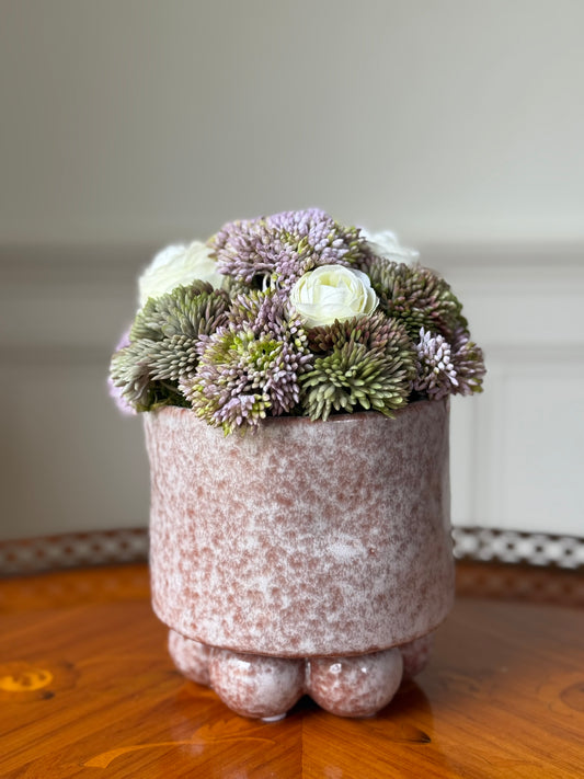 Small Pearl Pot + Faux Sedum & White Ranunculus Mix