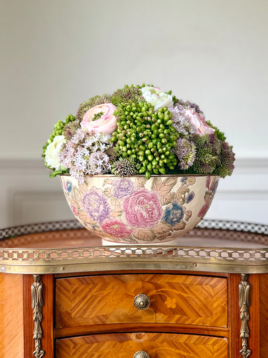 10" Vintage Cream Floral Bowl + Faux Sedum & Ranunculus #4