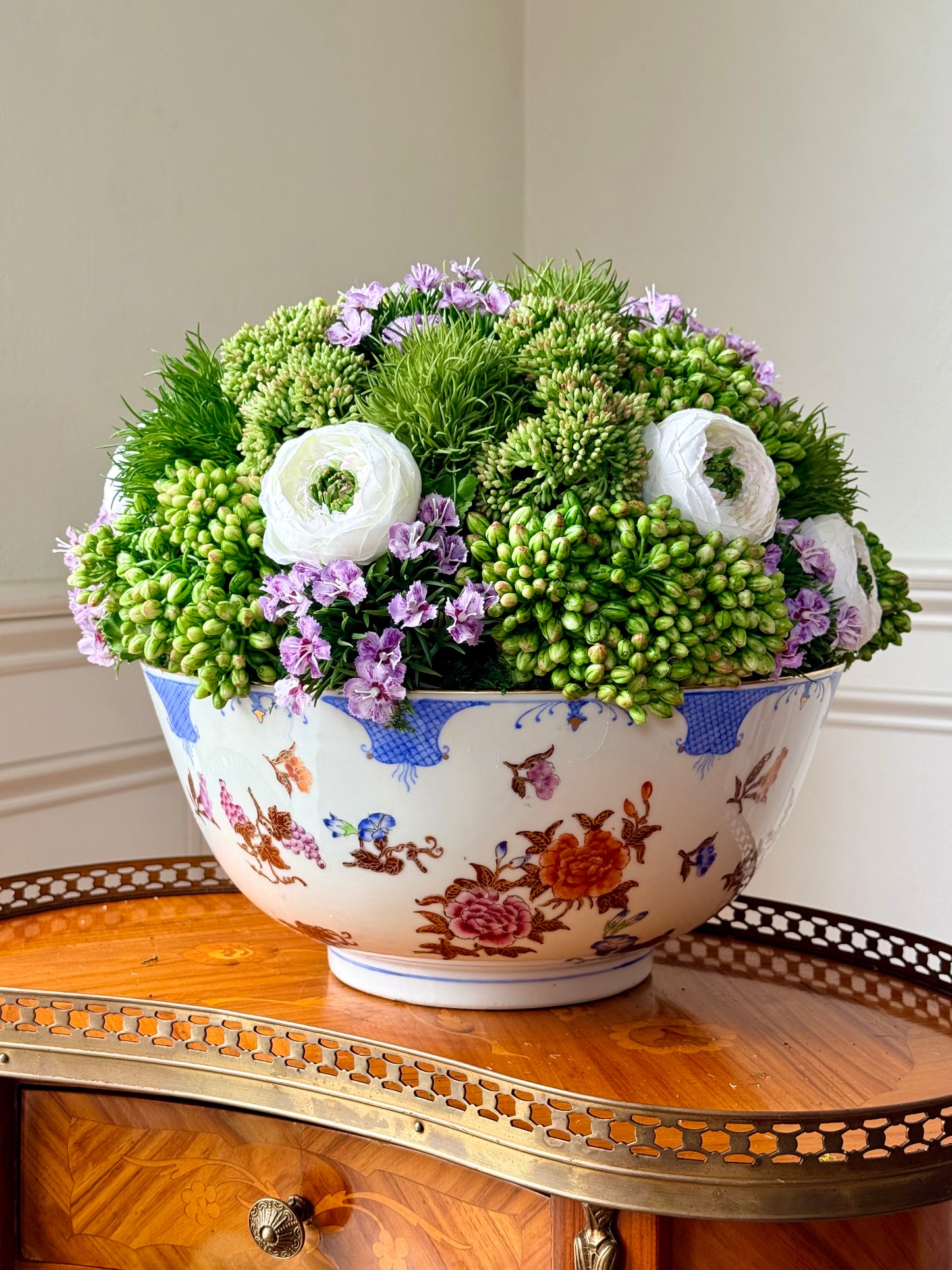 Vintage 12" Chinese Doucai Floral Bowl+ Faux Sedum & Ranunculus Mix