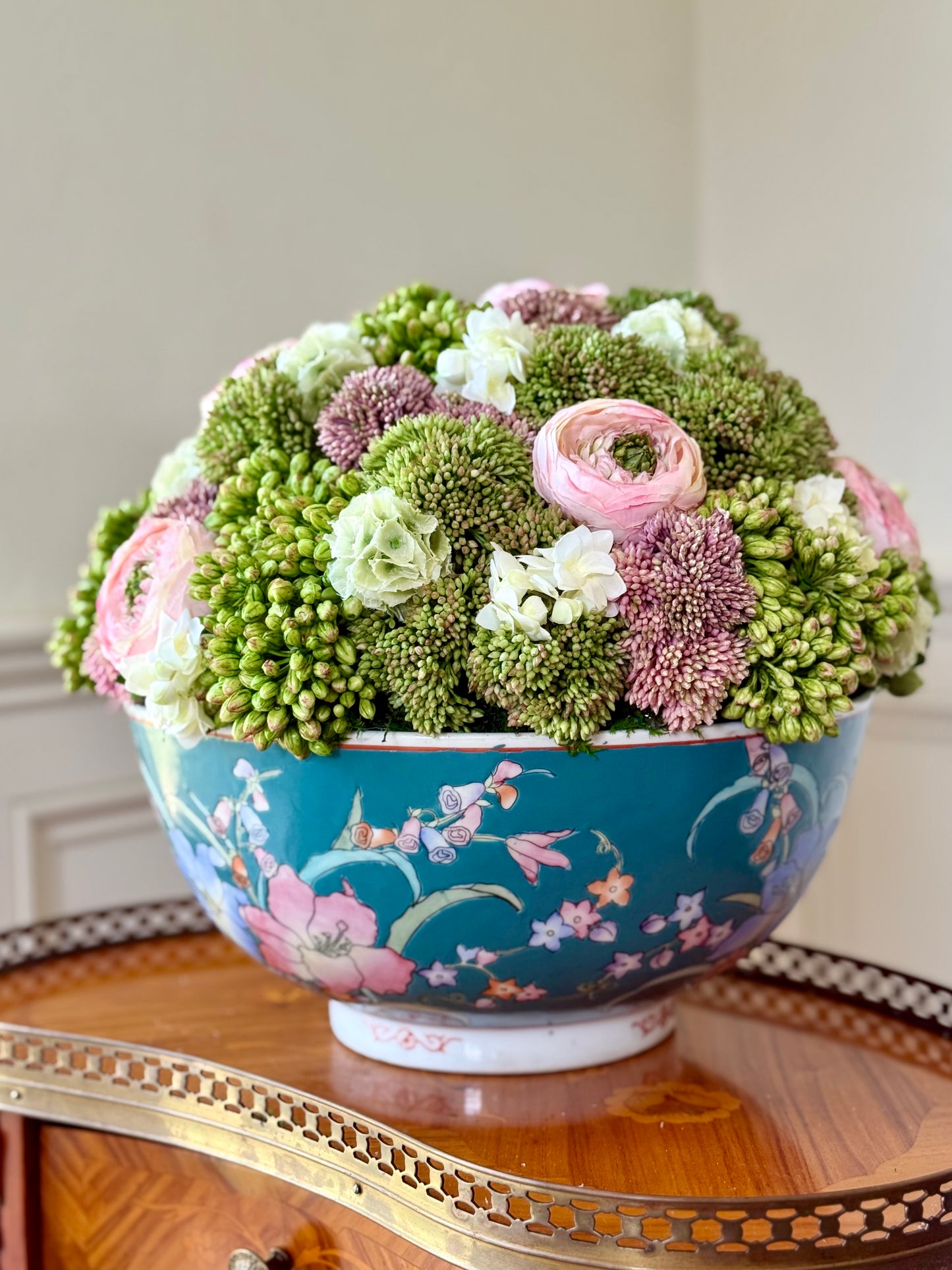 Vintage 12" Turquoise Chinese  Porcelain Bowl + Faux Sedum & Pink Ranunculus