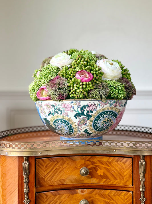 10” Vintage Blue & Pink Bowl + Faux Sedum & Cream Ranunculus #9