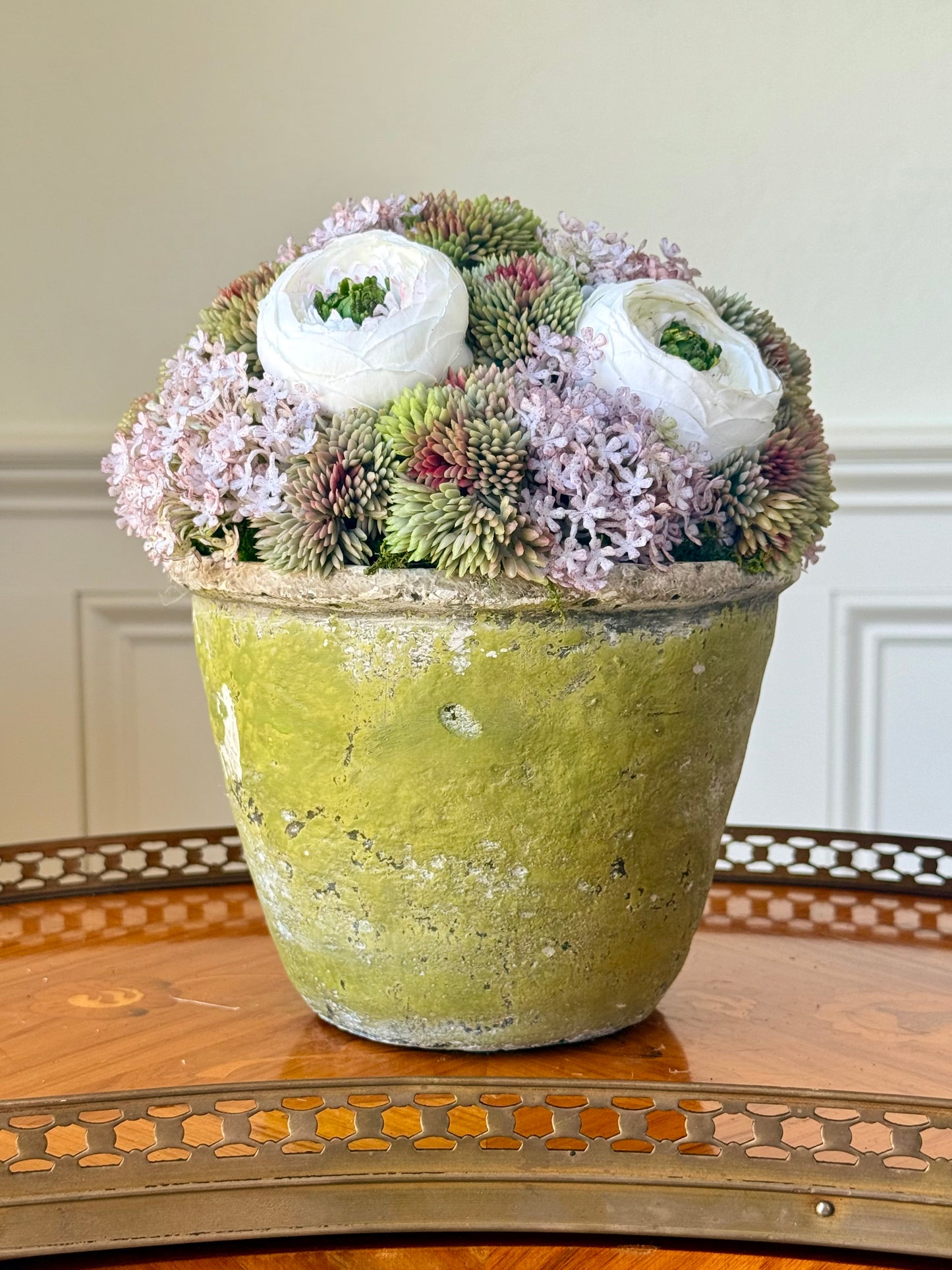 Green Terra Cotta Pot + Faux Sedum & White Ranunculus