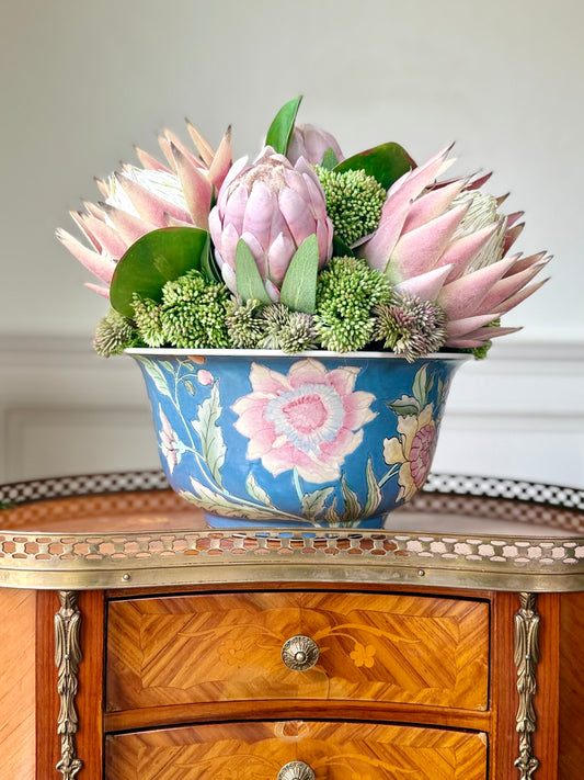 10" Blue Floral & Fowl Bowl + Faux King Protea & SedumMix #19
