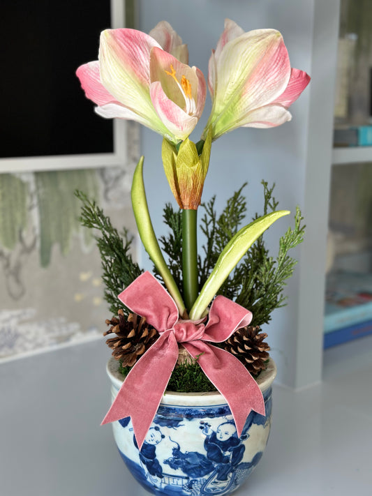 Faux Pink Amaryllis + Blue & White Pot (option for pink or blue bow)