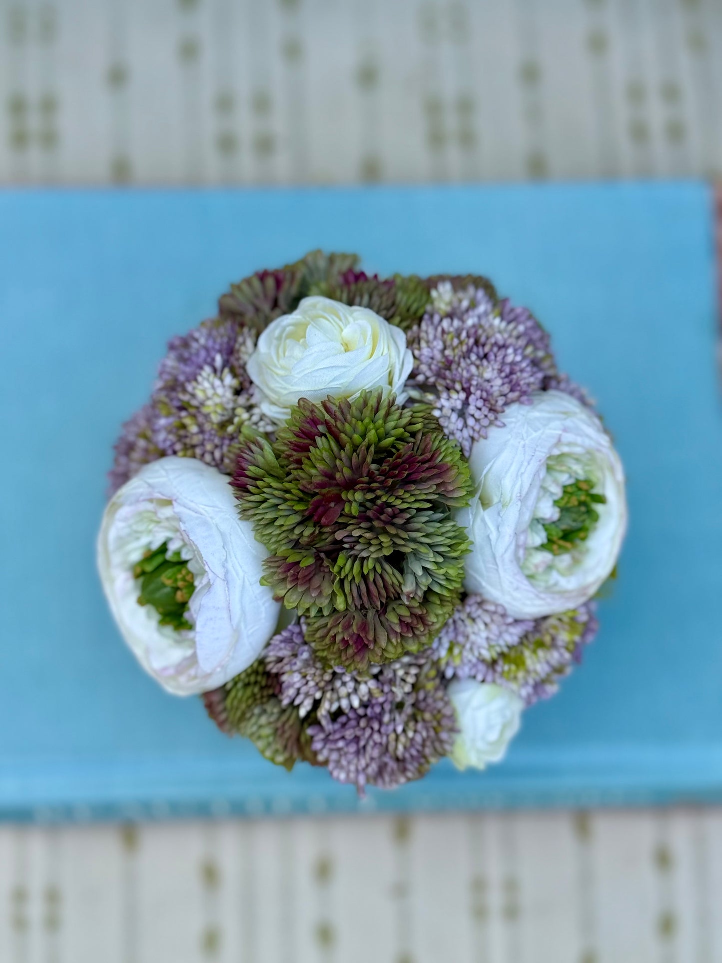 Small Pearl Pot + Faux Sedum & White Ranunculus Mix