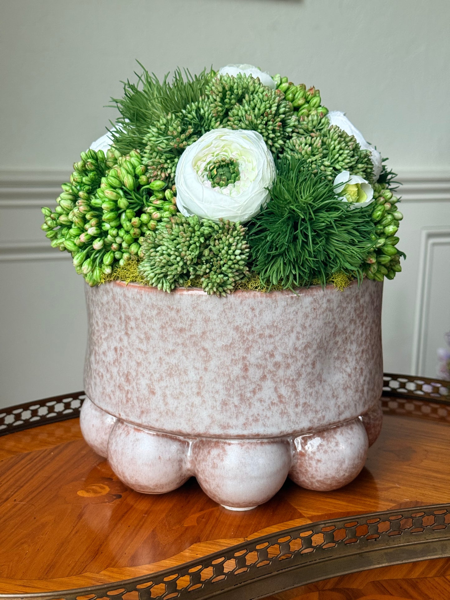 Pearl Bowl + Faux Sedum, Dianthus & White Ranunculus Mix