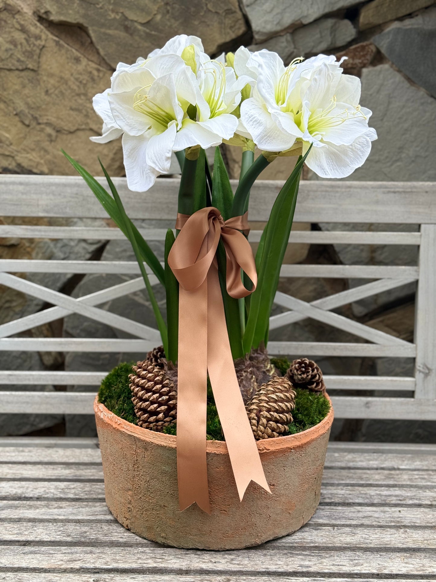 *Local Pickup Only* Four Faux White Amaryllis + 13” Terra Cotta Bowl