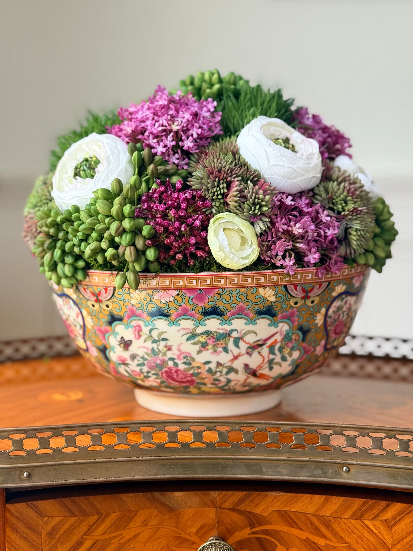 9” Rose Medallion Porcelain Bowl + Faux Sedum & White Ranunculus