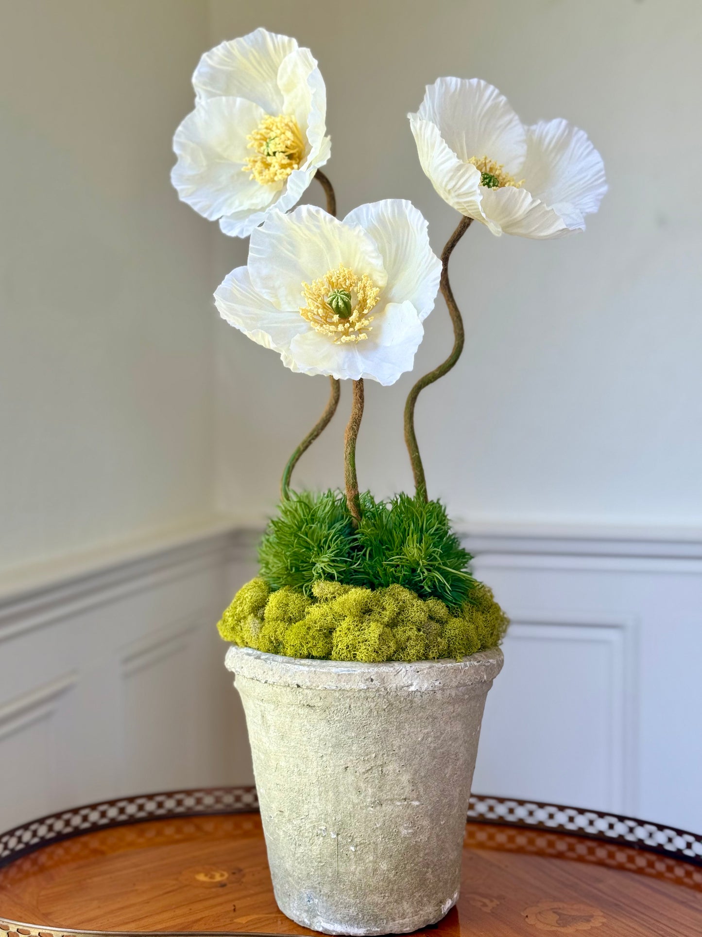 Cream Terra Cotta Pot + 3 Faux Mixed Cream Poppies
