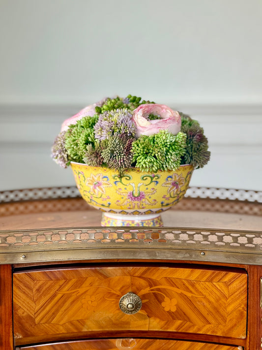 6” Vintage Yellow Floral Bowl + Faux Sedum & Pink Ranunculus #15.5