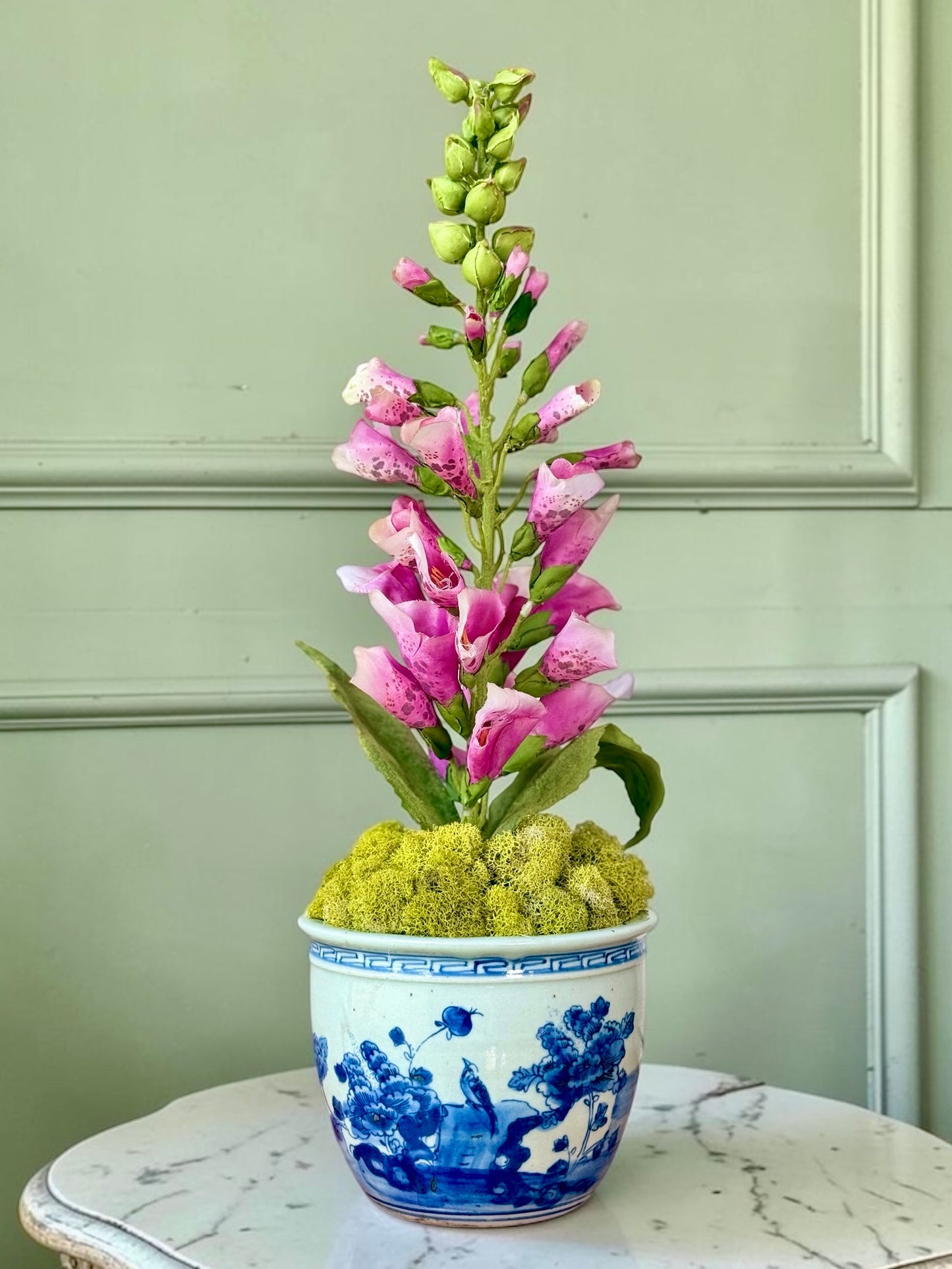 Blue & White Floral Chinoiserie Pot + 1 Faux Pink Foxglove