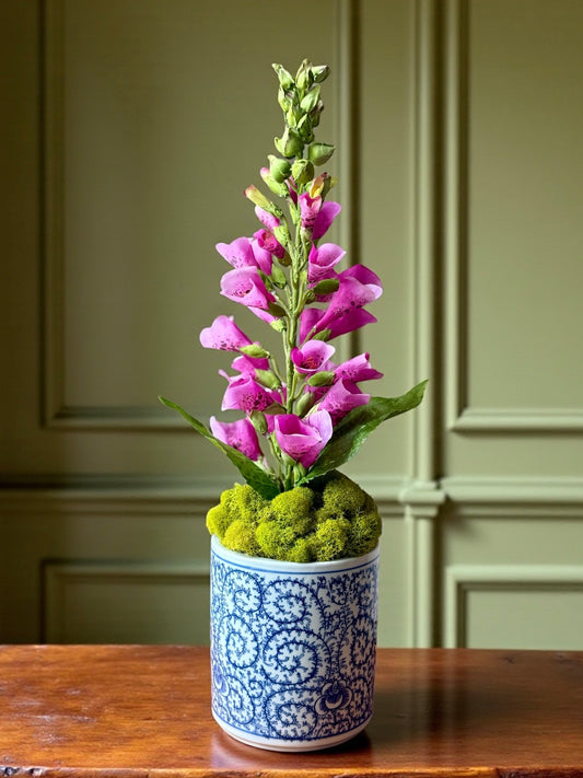 Blue & White Floral Chinoiserie Pot + 1 Faux Fuchsia Foxglove