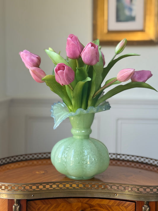 Verre Tulipe Glass Vase + 1 Dozen Dark Pink Faux Tulips