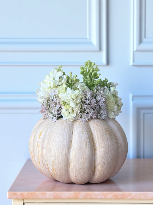 Small Light Orange Faux Fairytale Pumpkin + Faux White Lilac & Lavender Sedum Mix