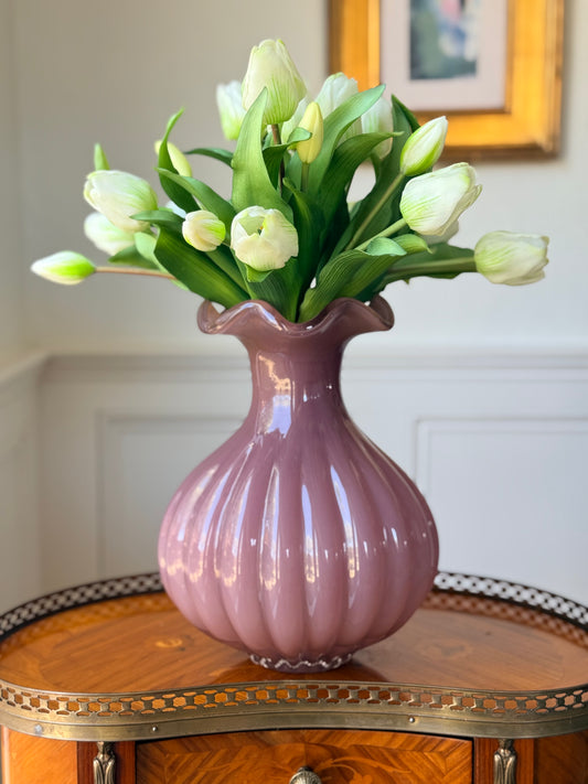 Violet Glass Tulip Vase + 21 Faux White Tulips