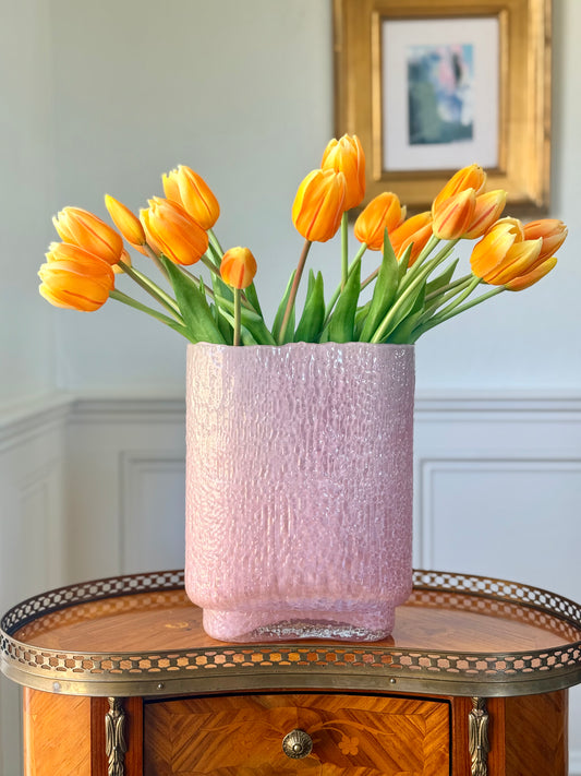 Pink Glass Pastel Oval Vase + 20 Orange Faux Dutch Tulips