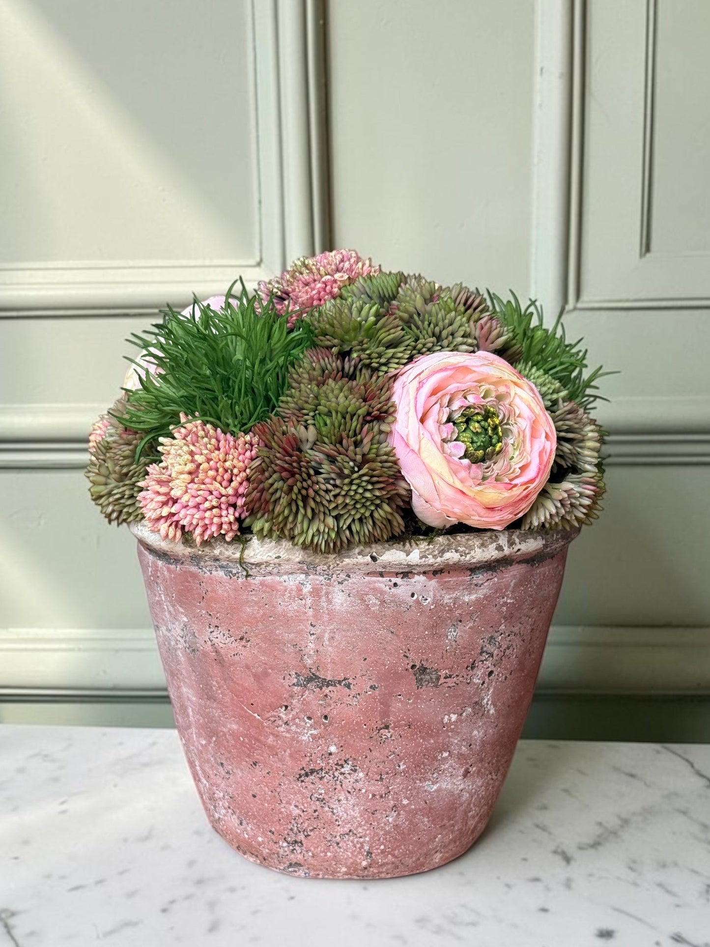 Faux Sedum & Pink Ranunculus + Pink Terra Cotta Bowl