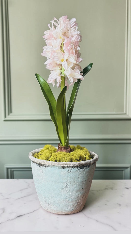 Pale Pink Faux Hyacinth  + Eggshell Blue Terra Cotta Pot