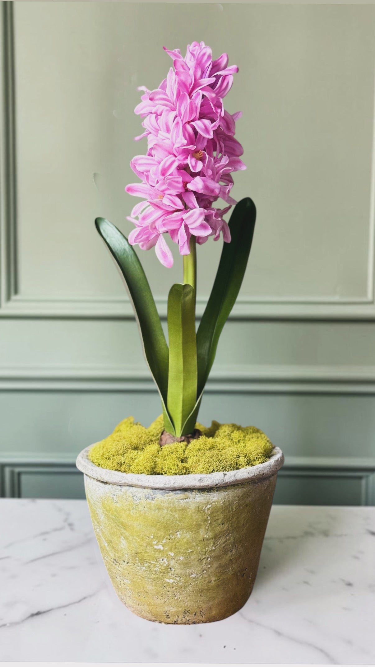 Magenta Pink Faux Hyacinth  + Moss Green Terra Cotta Pot